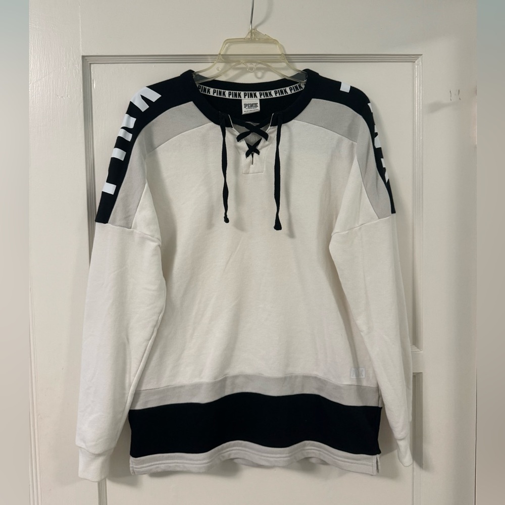 Victoria's Secret Pink Lace Up Varsity Crewneck Sweatshirt in Black White XS